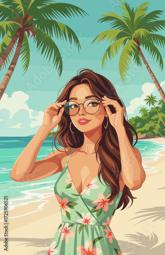 Woman adjusting glasses on nose with tropical beach background and summer vibes
