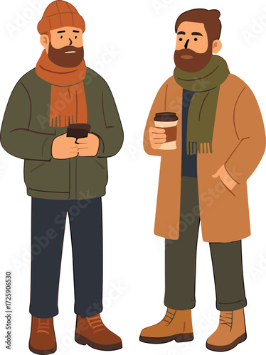 Two men in winter clothing, one in a green jacket with an orange scarf and beanie, the other in a brown coat with a green scarf, are standing and holding takeaway coffee cups while chatting outdoors.