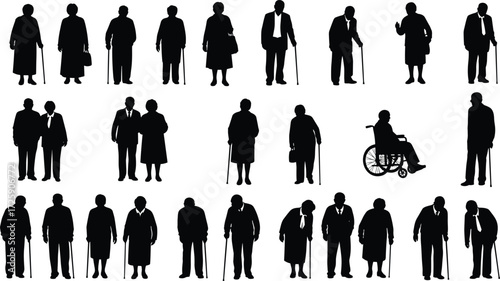 Senior people silhouette vector illustration set, diverse poses of elderly men and women representing aging, retirement, and health care