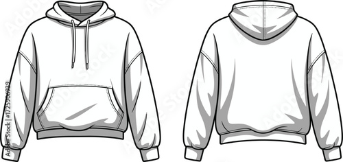 Blank hoodie fashion flat sketch, front and back view, vector clothing template, casual sweatshirt design, unisex pullover hooded sweater illustration