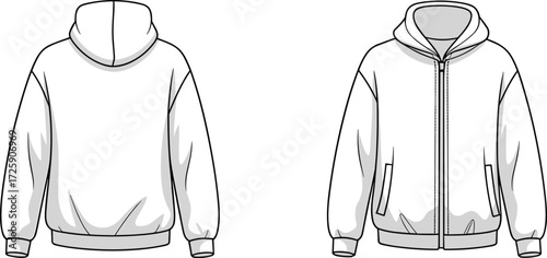 Blank hoodie front and back view, casual fashion sweatshirt design template, unisex streetwear outerwear mockup, winter clothing illustration, apparel design flat