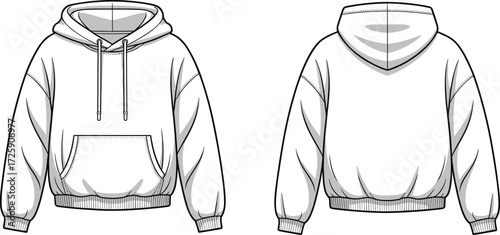 Blank hoodie front and back view, fashion flat sketch template, unisex casual sweatshirt, pullover hooded sweater design, vector clothing illustration