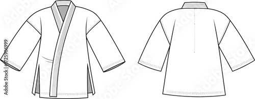 Blank kimono cardigan front and back view, traditional Asian fashion garment design template, unisex outerwear mockup, cultural clothing illustration, apparel technical flat