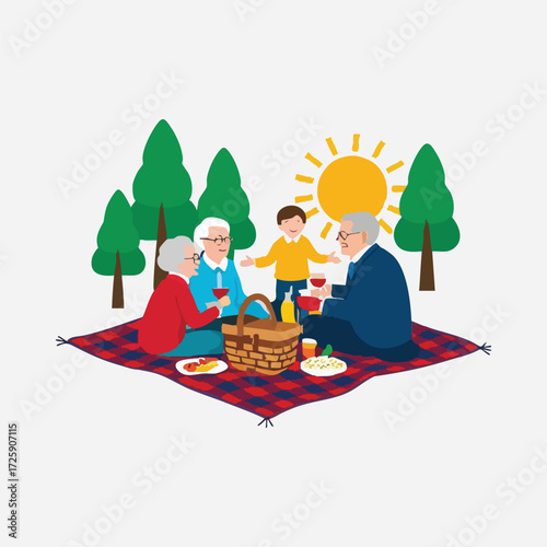 Flat vector illustration for Grandparents Day with elderly couple and grandchildren in playful, cozy scenes, solid color minimalist design, perfect for cards, banners, and social media.