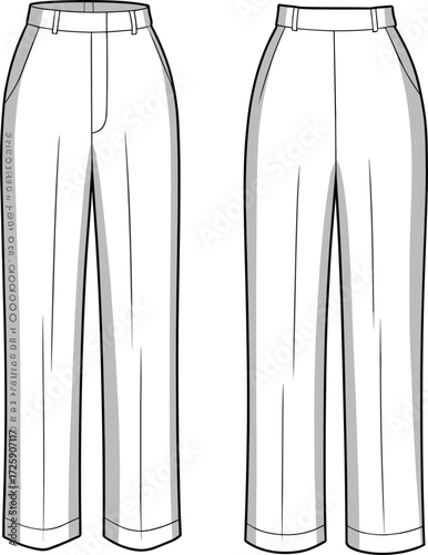 Classic straight leg trousers fashion flat sketch, women’s formal pants design, professional clothing template, vector apparel illustration, modern tailored style pattern