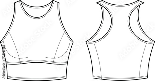 Crop tank top fashion flat sketch, technical drawing template, athletic sleeveless shirt design, unisex sportswear illustration, modern apparel vector design