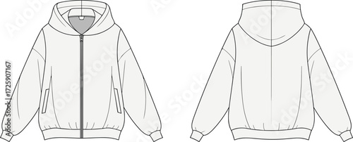 Hoodie jacket fashion flat sketch, unisex zip up hooded sweatshirt template, casual streetwear apparel design, vector illustration front and back