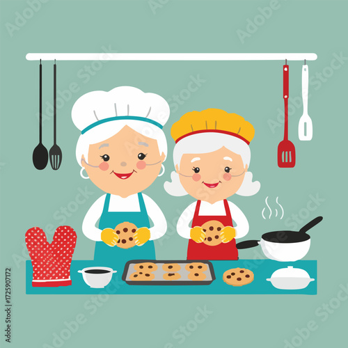 Happy Grandparents Day vector with grandparents and grandchildren in cozy home and outdoor scenes, minimal flat solid color design, ideal for cards, banners, and social media.