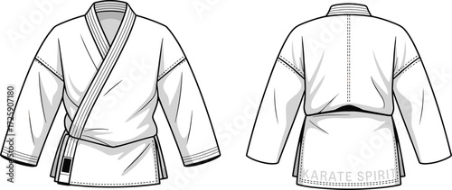 Karate gi uniform fashion flat sketch, martial arts kimono clothing template, front and back view, sportswear apparel technical drawing illustration