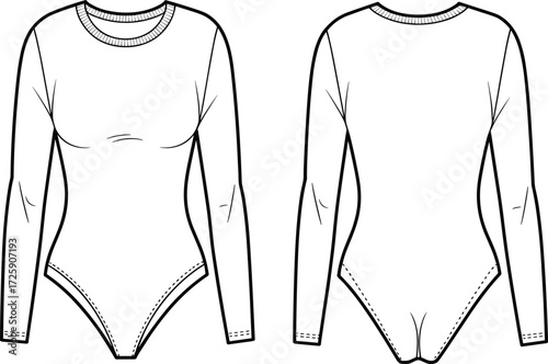 PrintLong sleeve bodysuit flat sketch front and back view, fashion design template for women clothing, apparel technical drawing illustration