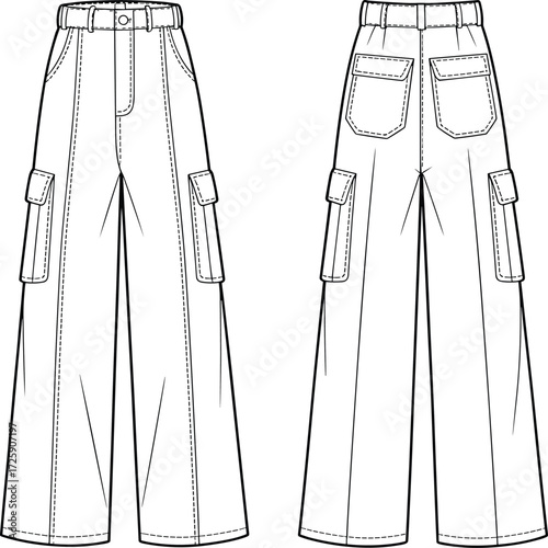 Men’s cargo pants flat sketch, utility trousers fashion template, technical apparel design, multi pocket workwear mockup, clothing illustration for fashion industry