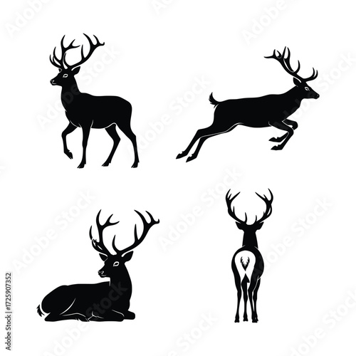 Majestic Deer Silhouettes - Four Poses, Black and White.
