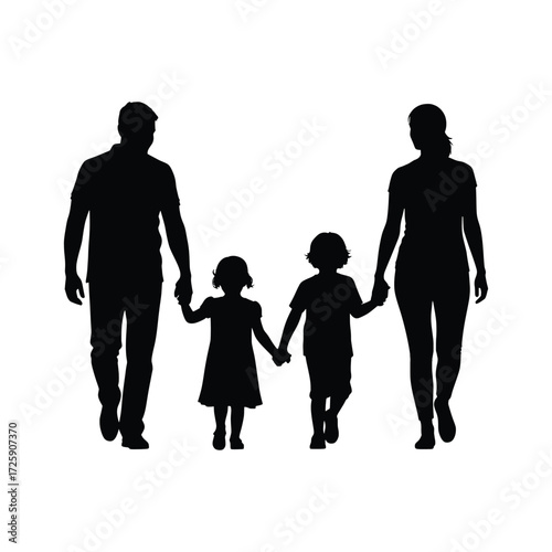 Happy Family Silhouette Walking Together.