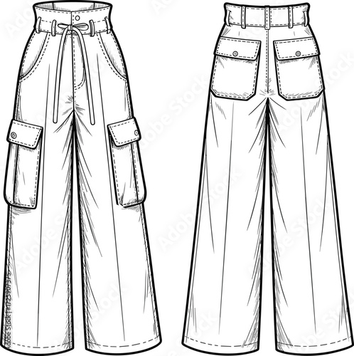 Women’s cargo pants flat fashion sketch, wide leg utility trousers technical drawing, pocket detail apparel design template, streetwear clothing vector illustration