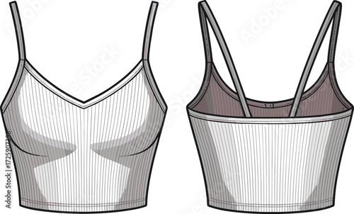 Women’s camisole crop top fashion flat sketch, ribbed fabric design template, strappy activewear apparel illustration, modern clothing vector technical drawing