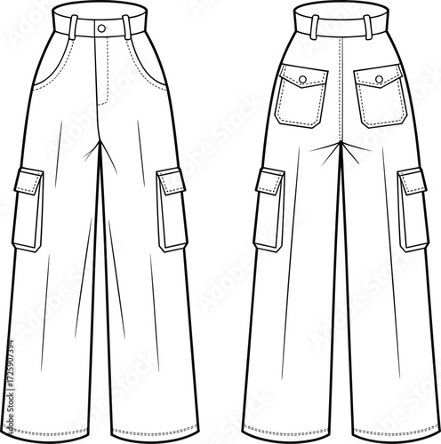 Women’s cargo pants flat sketch, wide leg utility trousers template, fashion design apparel mockup, technical clothing illustration, multi pocket workwear style