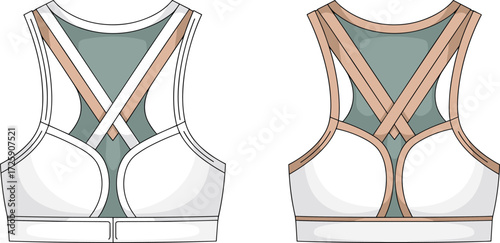 Women’s sports bra design illustration, activewear fashion template, racerback workout bra mockup, stylish fitness clothing sketch, seamless athletic wear design