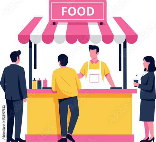 Outdoor food stall with vendor serving customers at market fair, striped canopy, casual interaction, street food scene, condiment bottles visible.