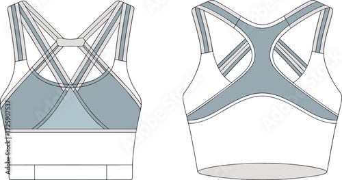 Women’s sports bra design template, activewear fashion sketch, stylish workout apparel mockup, seamless fitness lingerie flat, athletic clothing illustration, crop top design
