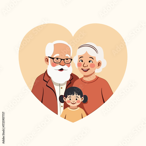 Happy Grandparents Day vector with grandparents and grandchildren in cozy home and outdoor scenes, minimal flat solid color design, ideal for cards, banners, and social media.