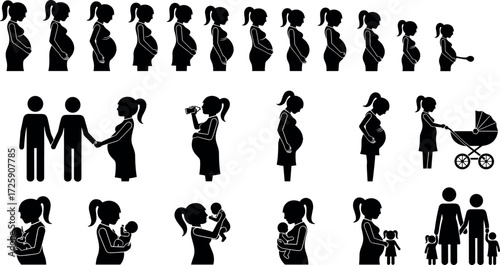 Pregnancy and Motherhood Silhouette Icons Showing Family Life, Baby Care, Parental Bonding, Maternity Stages, and Early Parenting Journey