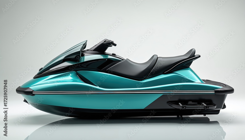 Naklejka premium Sleek teal jet ski watercraft shown in studio. Smooth, modern design with glossy metallic finish. Powerful, fast vehicle for water sports, summer adventures, and exciting leisure activities.