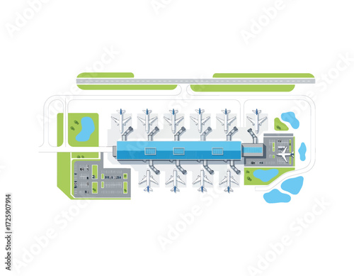 An overhead vector illustration of an airport terminal showing runways, aircraft, parking spots, buildings, and surrounding landscape details