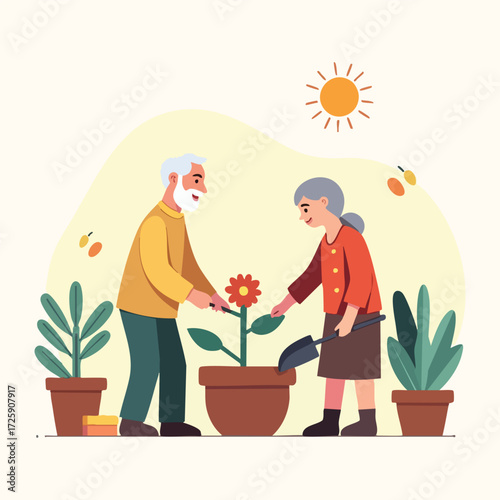 Happy Grandparents Day vector with grandparents and grandchildren in cozy home and outdoor scenes, minimal flat solid color design, ideal for cards, banners, and social media.