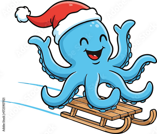 Happy Blue Octopus Wearing Santa Hat Riding a Sled cartoon Christmas