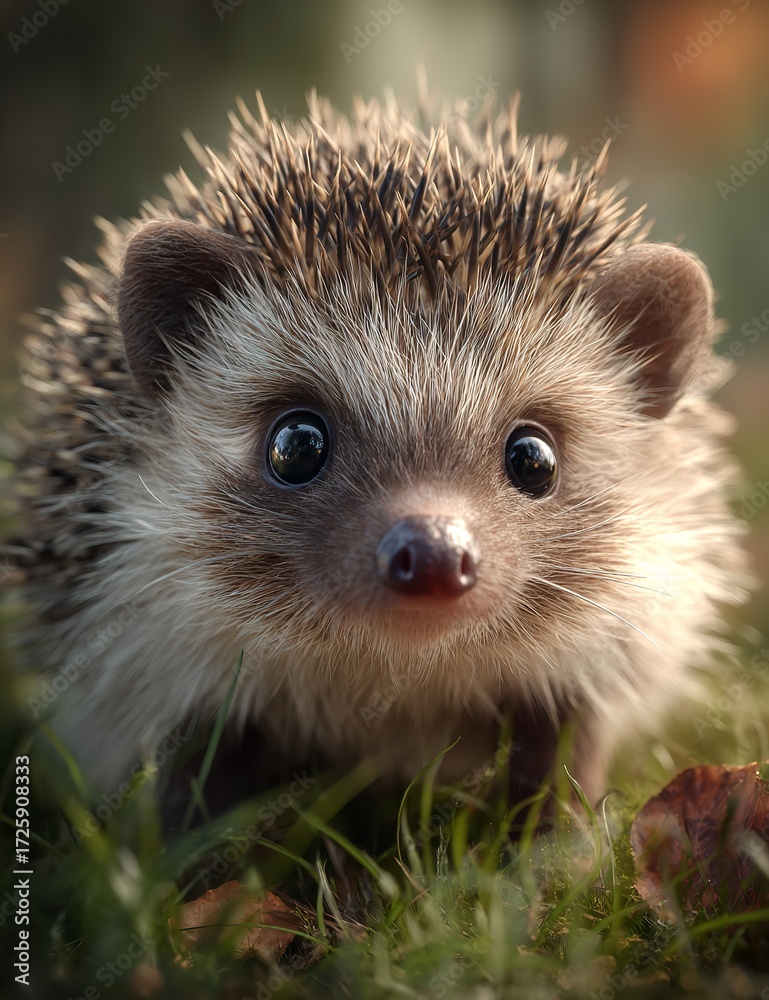Fototapeta premium Adorable hedgehog peeking from lush green grass with sparkling eyes, capturing a moment of wild charm and natural beauty