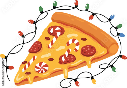 Slice of Pizza with Candy Canes and Christmas Lights food holiday