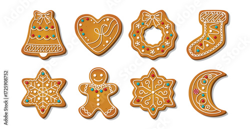 Christmas Gingerbread cookies for xmas celebration. Winter homemade sweets and biscuit in festive shapes isolated on white background. Cute flat desserts. Cartoon vector illustration