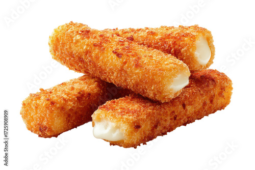 Golden-brown mozzarella sticks with crispy breadcrumb coating, cut out