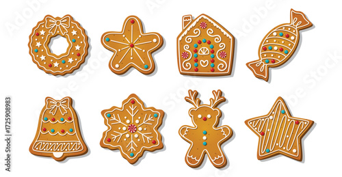 Christmas Gingerbread cookies for xmas celebration. Winter homemade sweets and biscuit in festive shapes isolated on white background. Cute decorated desserts. Cartoon simple vector illustration