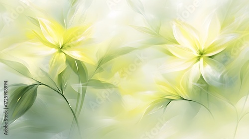 Abstract Pastel Yellow Flowers Green Leaves Soft Artistic Painting