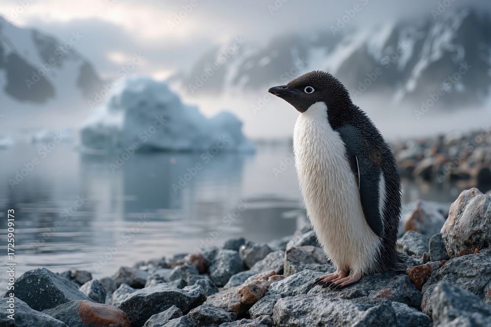 Naklejka premium A penguin standing on a rocky beach next to a body of water