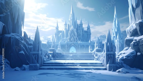 An icy castle with intricate spires sits atop a snowy landscape, flanked by ice formations, with a bright sun overhead