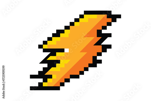 Retro pixelated lightning bolt in orange and yellow emits energy