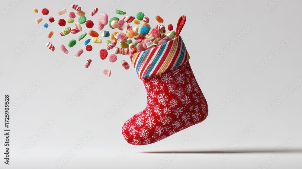 Obraz premium christmas stocking hanging with candy coming out of it on white background