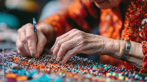 Close-up view of elderly hands beading intricate artwork.
