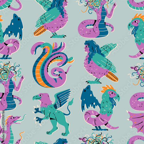 Mythological creatures seamless pattern. Ancient Greece, folklore. Fantasy monsters. Amphisbaena, gorgon medusa, griffin, basilisk, harpy, hydra.