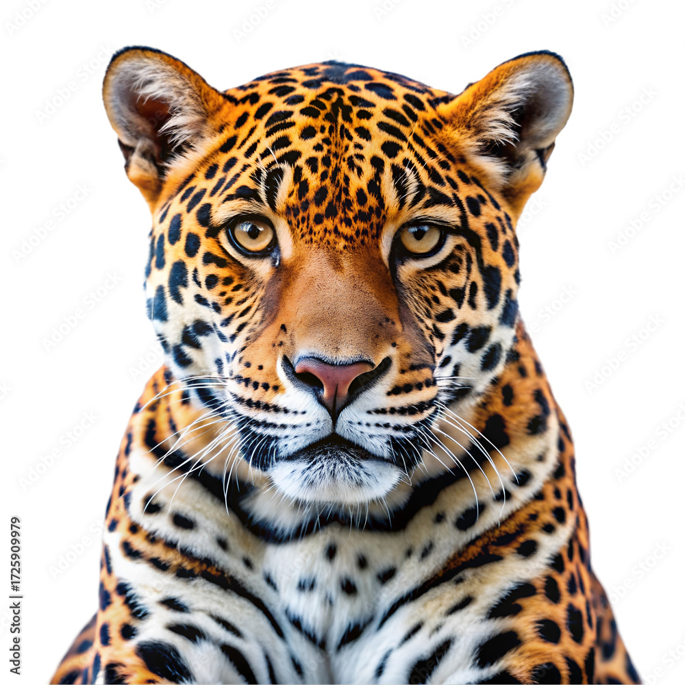 Obraz premium Close up portrait of a jaguar with black spots on orange fur against black big cat feline