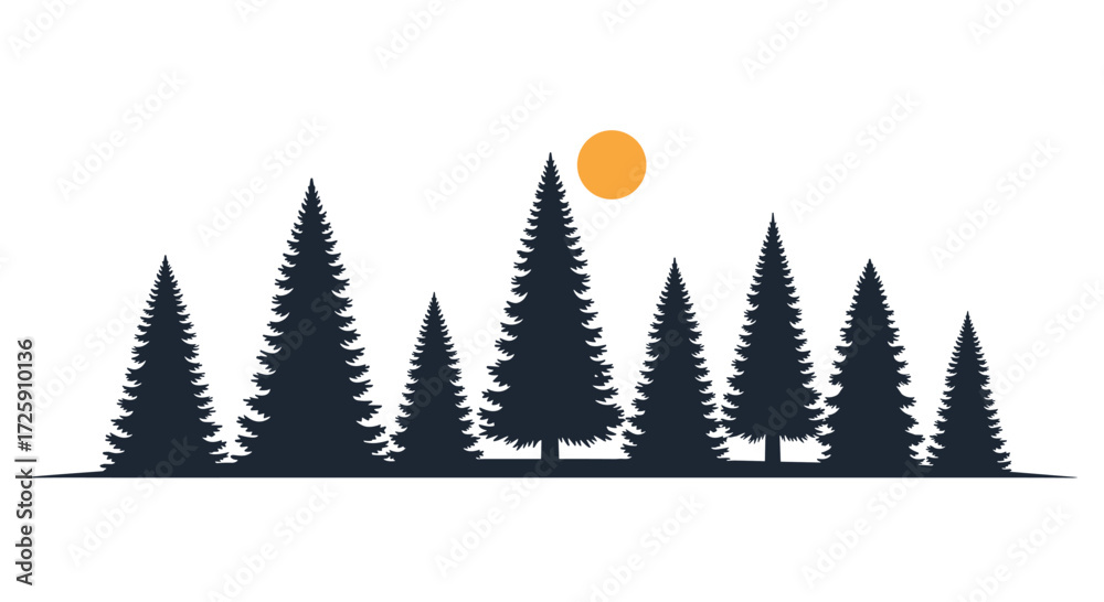 Obraz premium A serene minimalist landscape featuring a silhouetted evergreen forest under a warm setting sun.