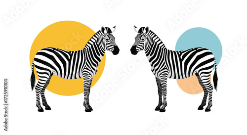 Two stylized zebras standing facing each other with colorful circles behind them.