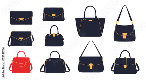 A collection of various stylish handbags and purses in different sizes and colors for modern fashionistas.