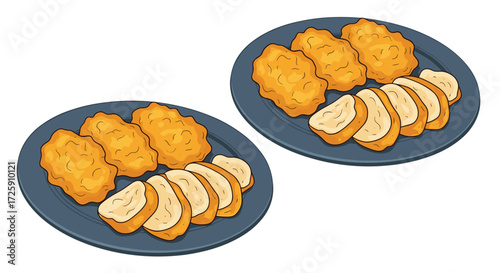 Two plates with fried chicken nuggets and sliced cooked chicken breast.