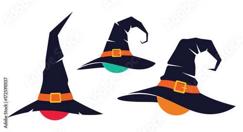 Three stylized witch hats with colorful spheres below them ready for Halloween.