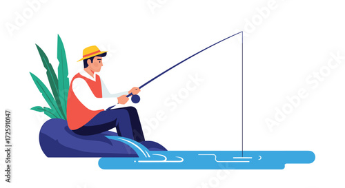 A man enjoys a peaceful day of fishing by a serene river on a sunny afternoon.