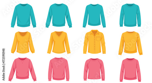 A collection of various types of casual tops and sweaters for women.