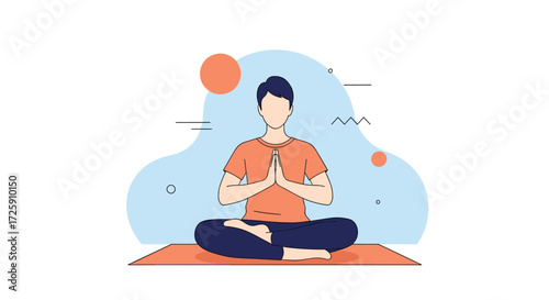 Man meditating peacefully in a relaxed pose on a yoga mat surrounded by calming elements.
